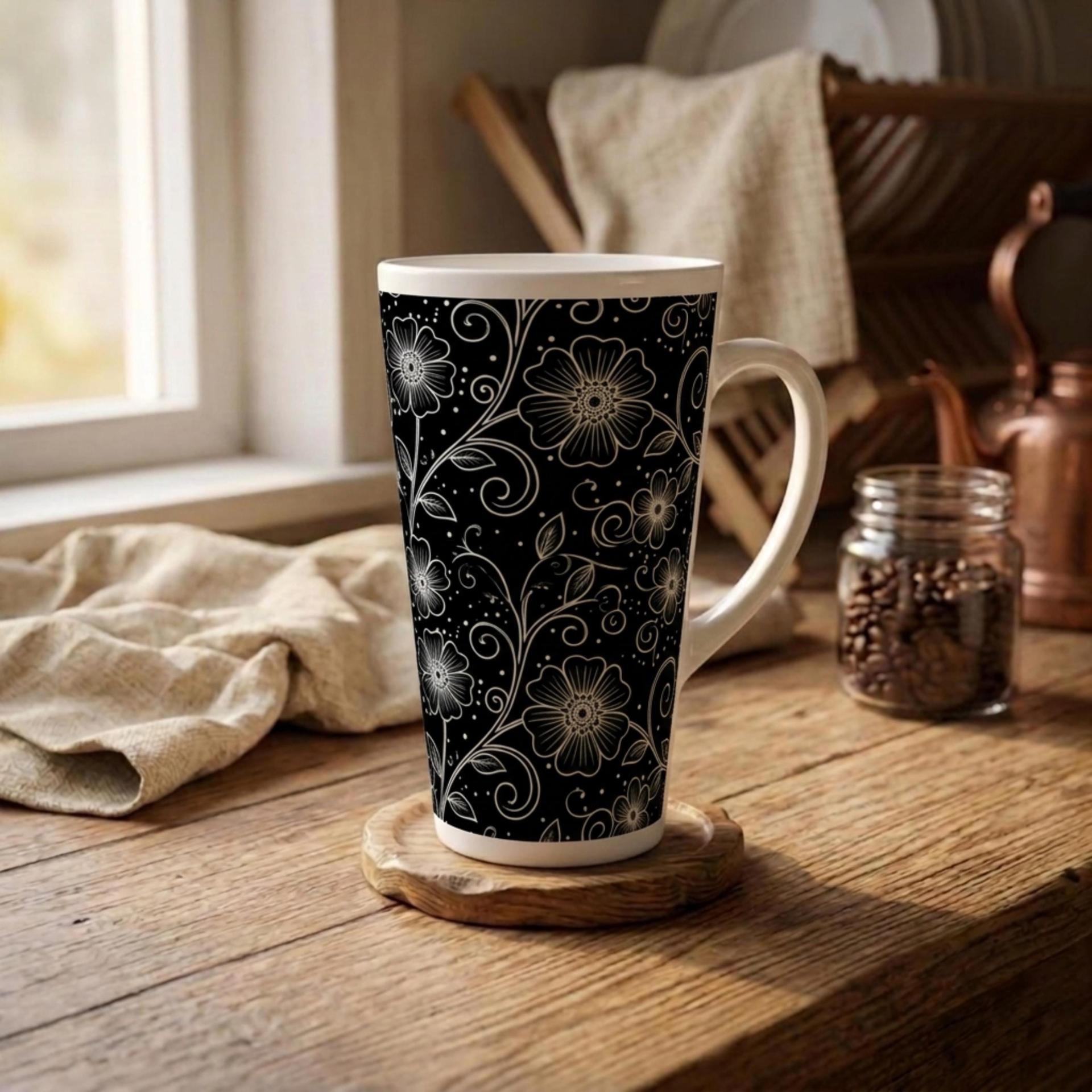 Set of 3 Cups, Floral, Large 17oz Latte Ceramic Mugs - Extra Tall Cup Set