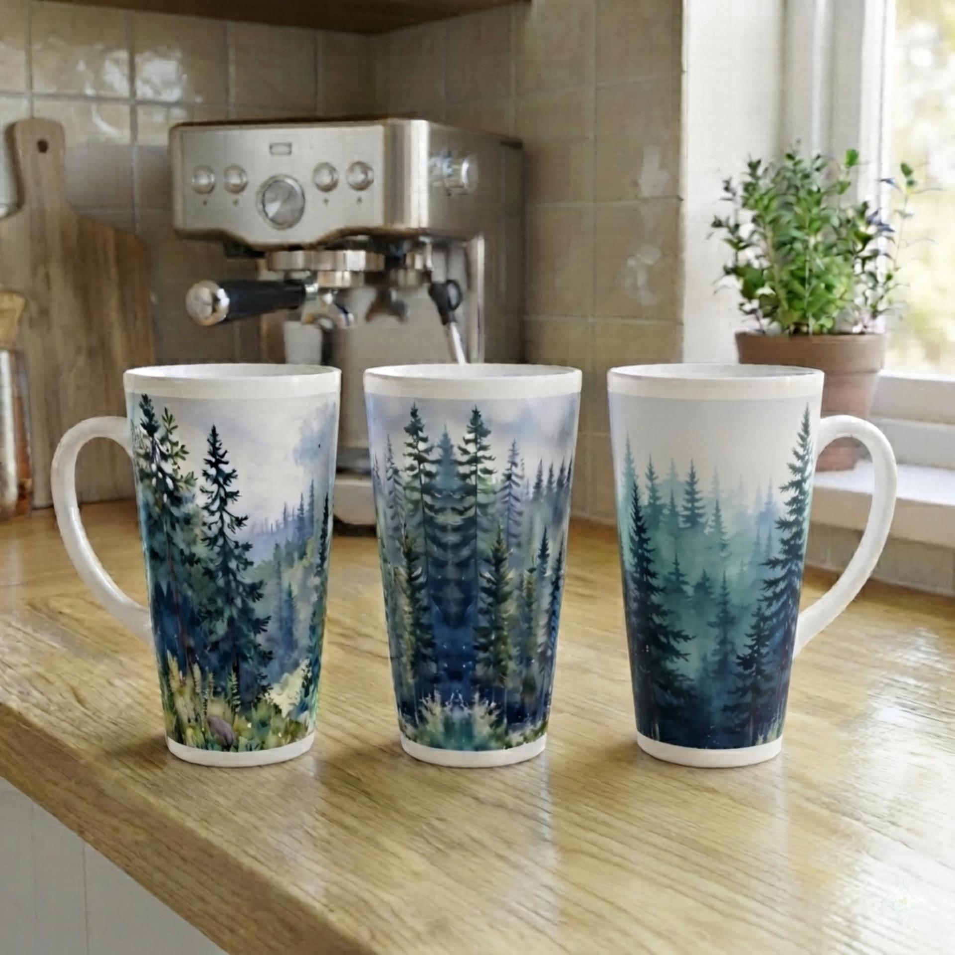 Set of 4 Cups, Forest, Large 17oz Latte Ceramic Mugs - Extra Tall Cup Set