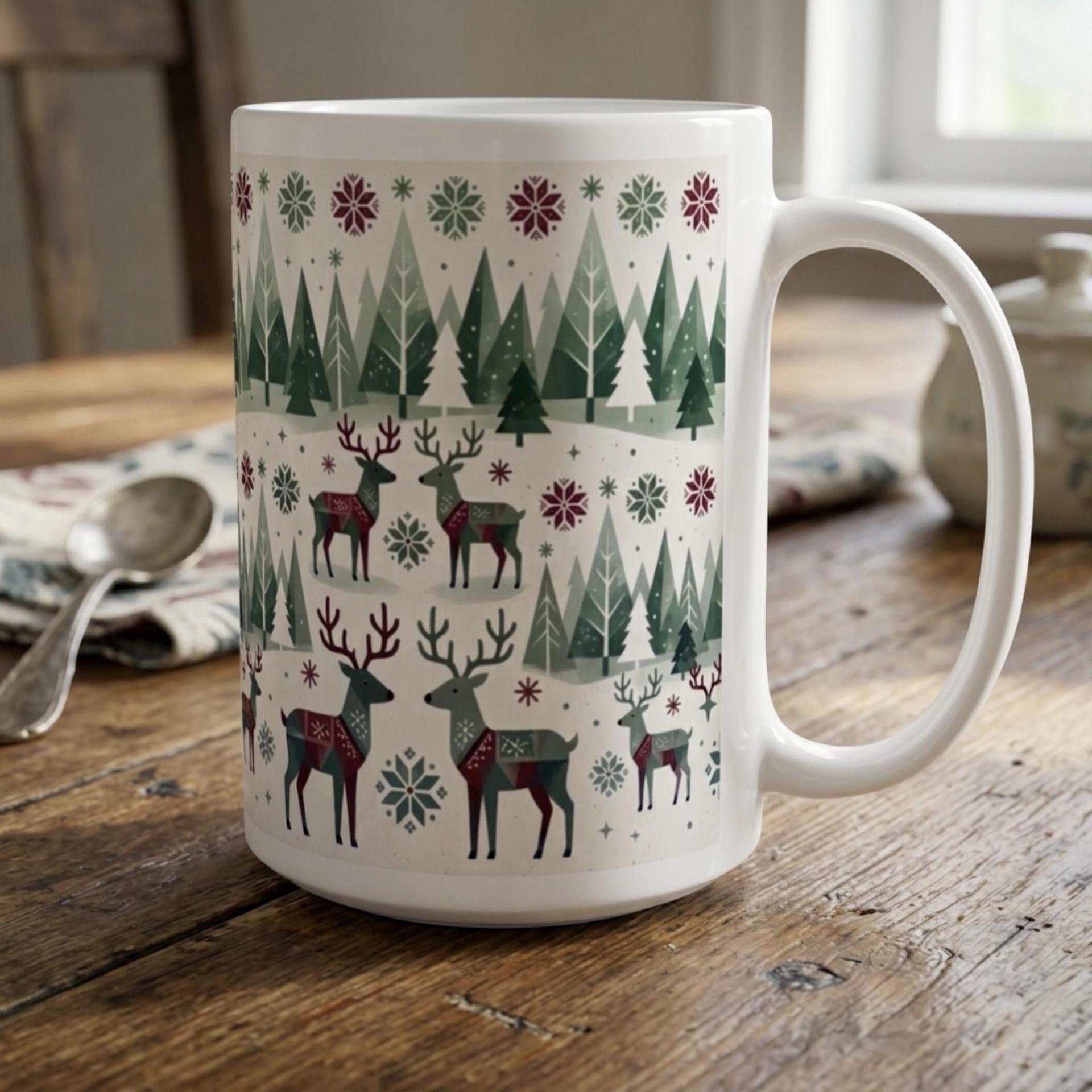 Set of Big Mugs, Christmas Mugs, Reindeer, Large 15 oz Matching Cups
