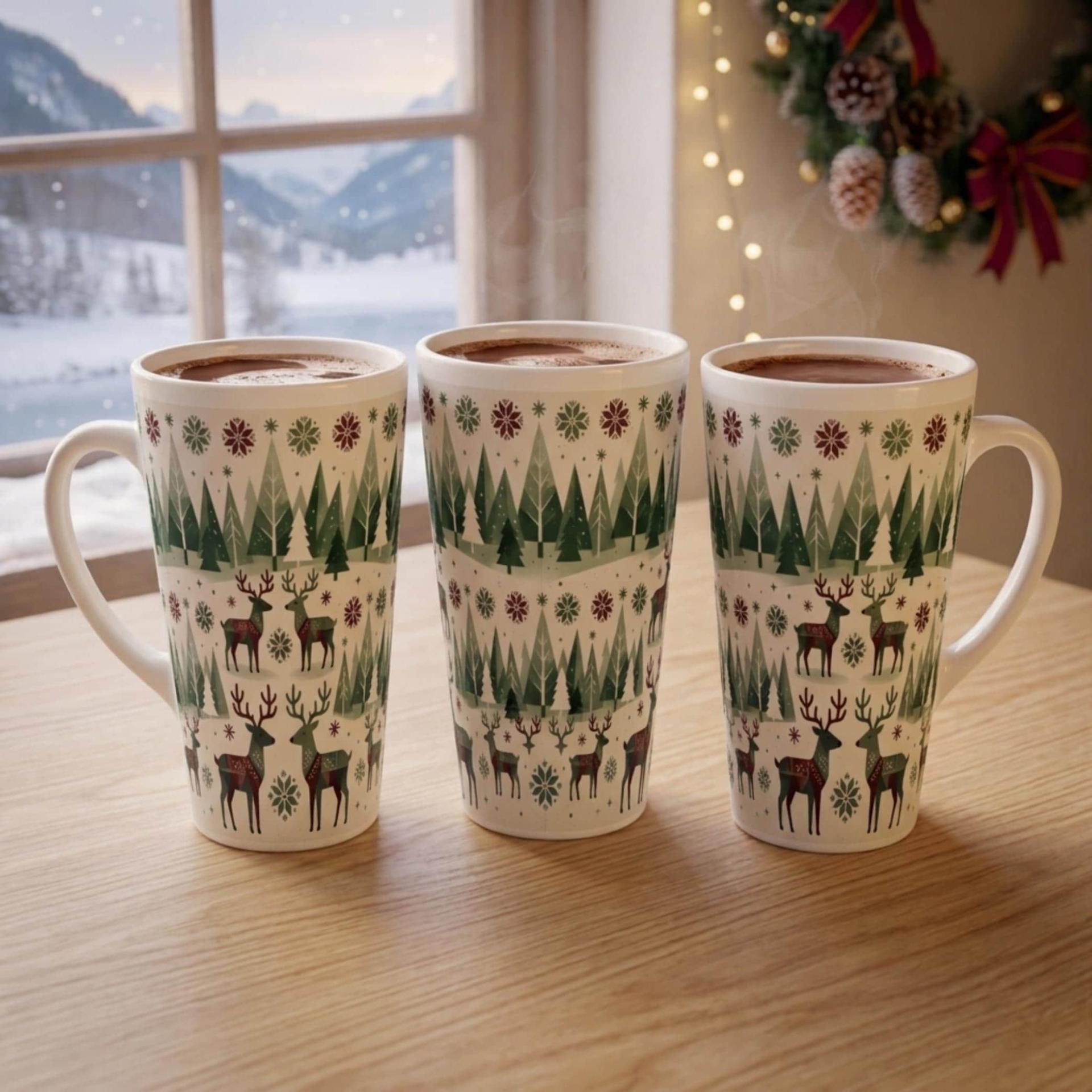 Set of 3 Cups, Christmas Mugs, Reindeer, Large 17oz Latte Mugs