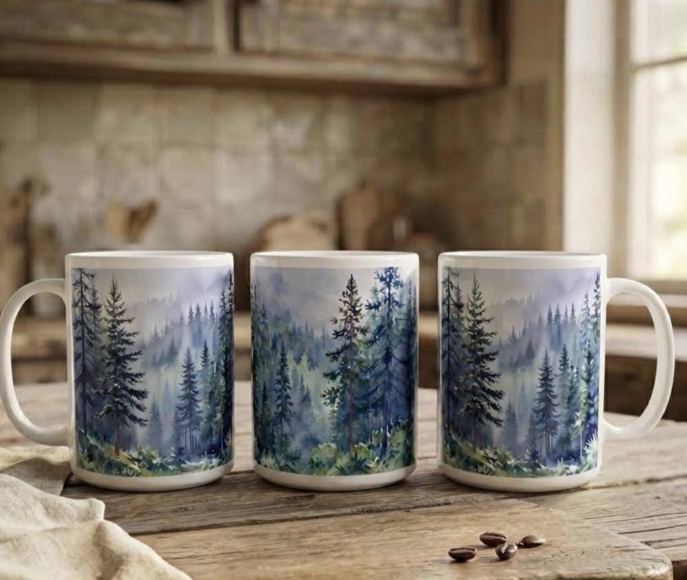 Set of Big Mugs, Forest Cup Set, Large 15 oz Matching Cups
