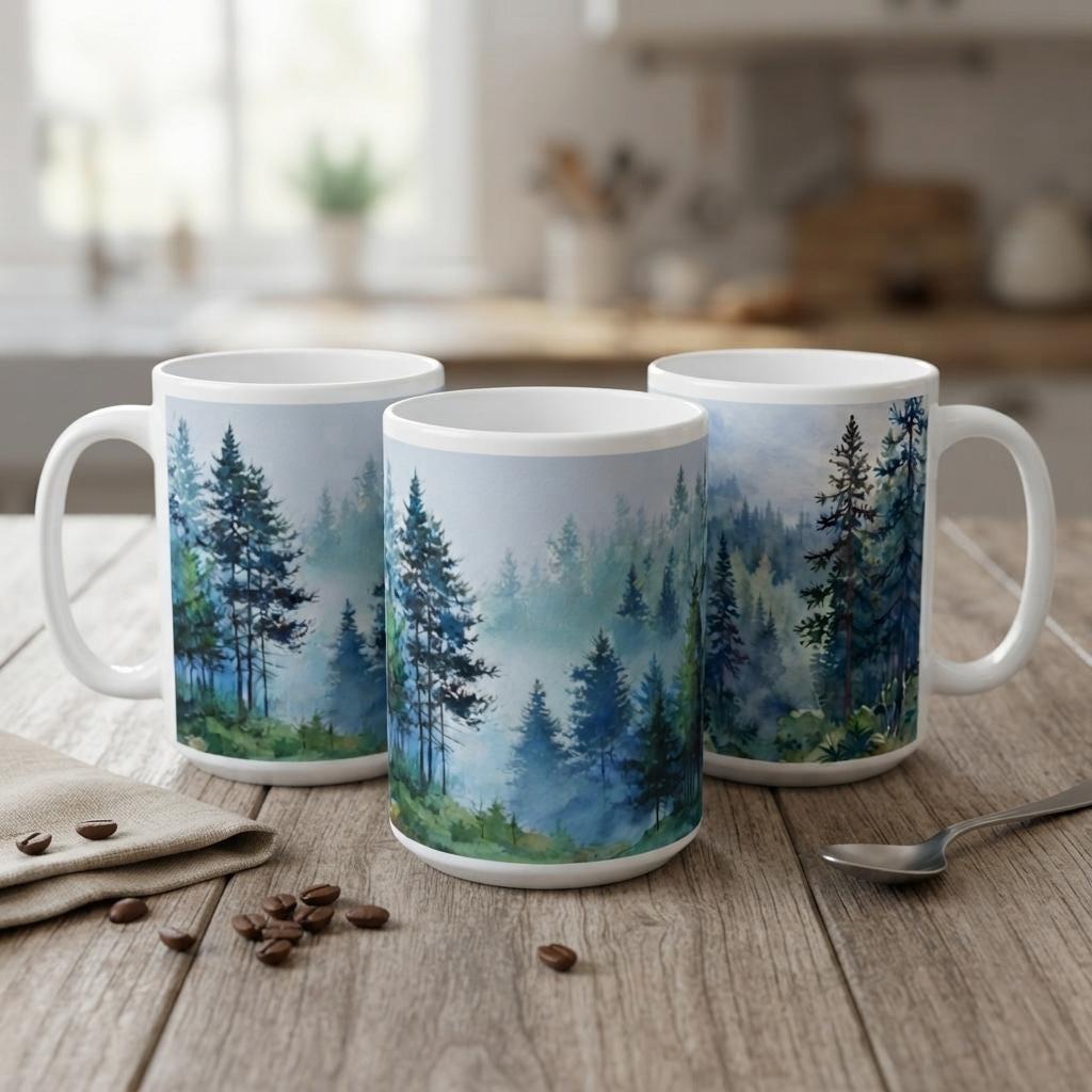 Set of Big Mugs, Forest Cup Set, Large 15 oz Matching Cups