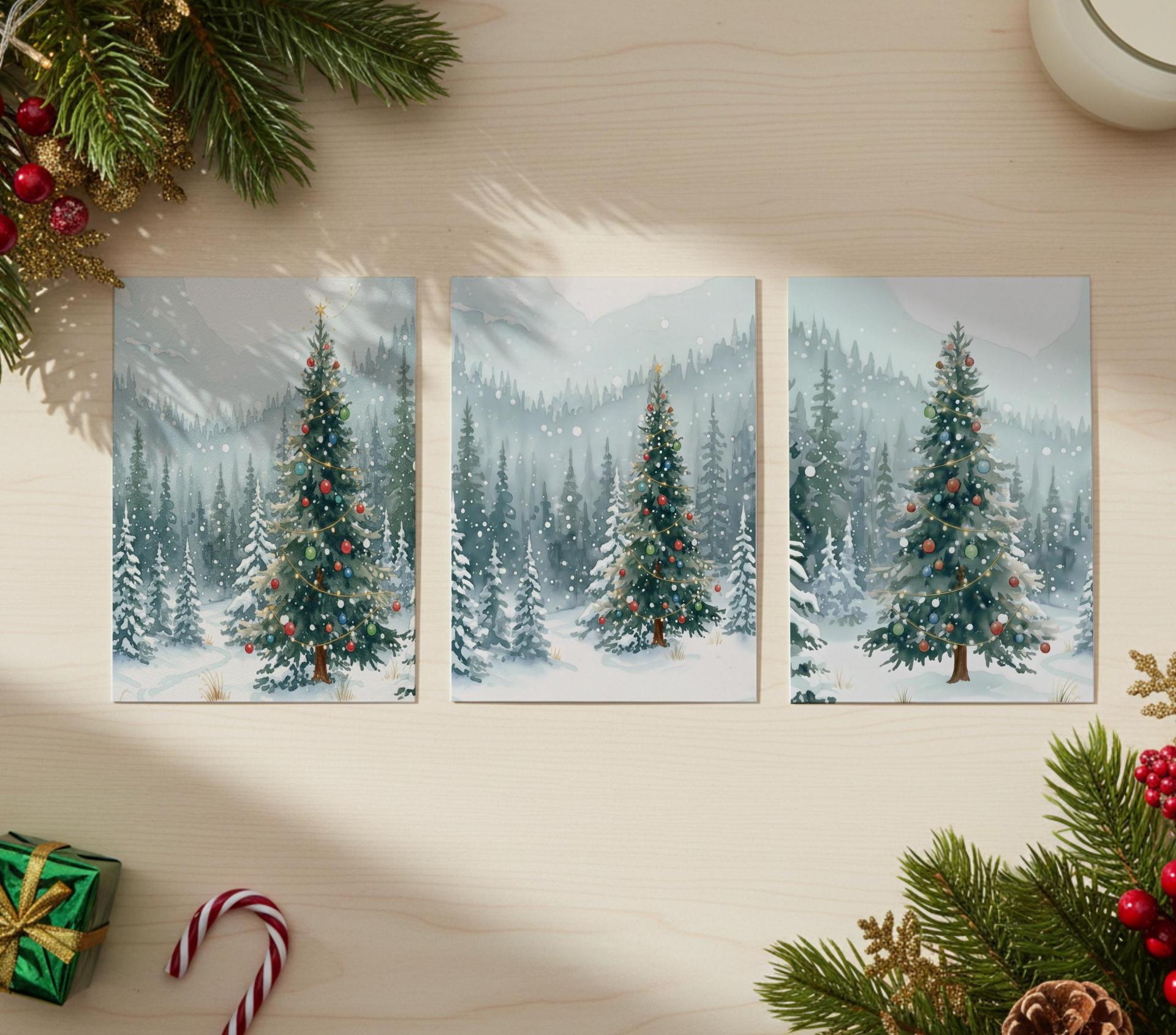 Holiday Greeting Cards, 3 Pack, Christmas Trees, Bulk Set of Gift Cards