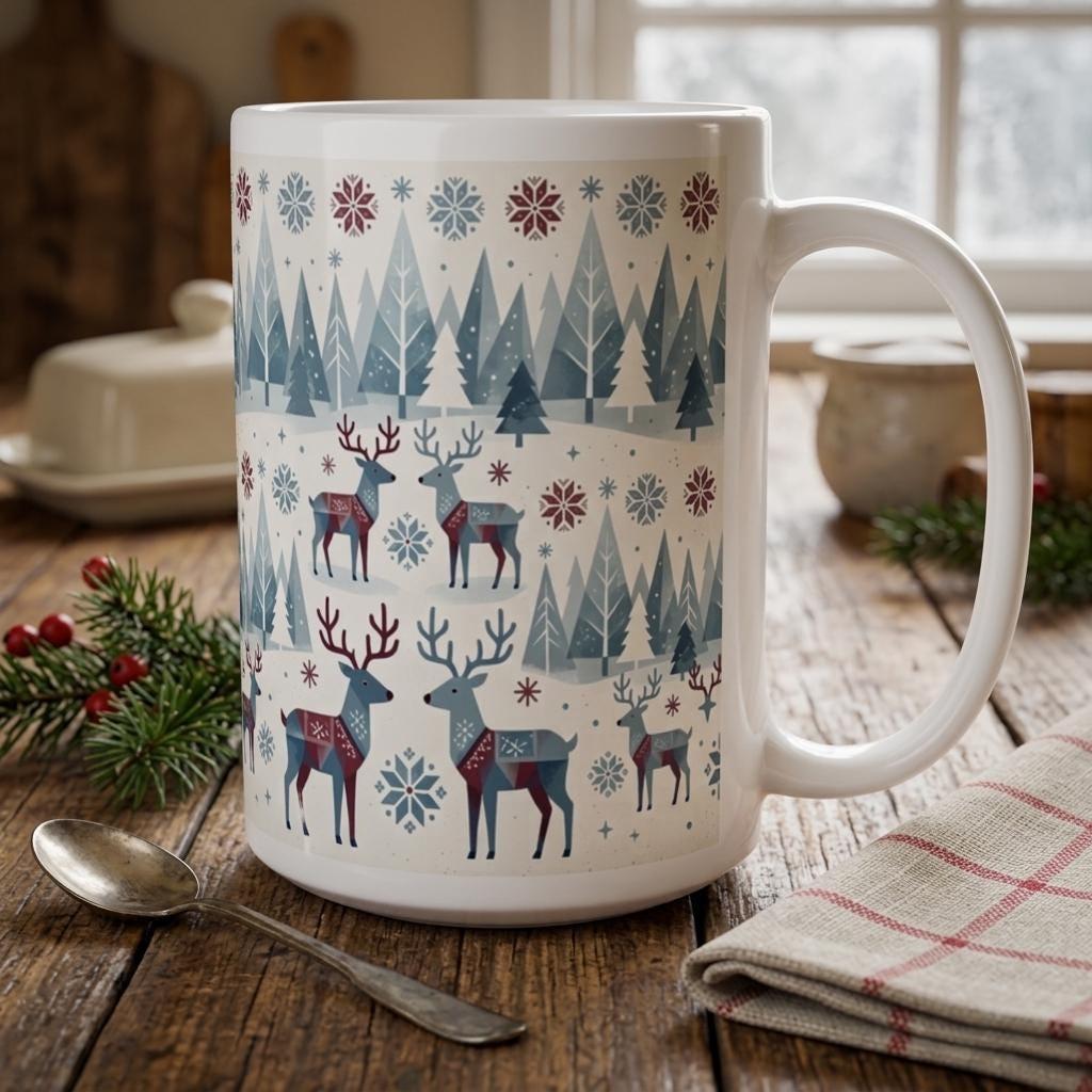 Christmas Mug, Reindeer, Large and Small Mug Set