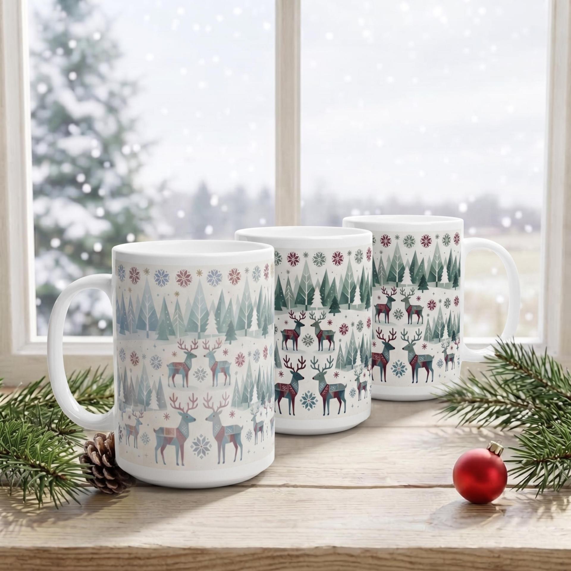 Set of Big Mugs, Christmas Mugs, Reindeer, Large 15 oz Matching Cups