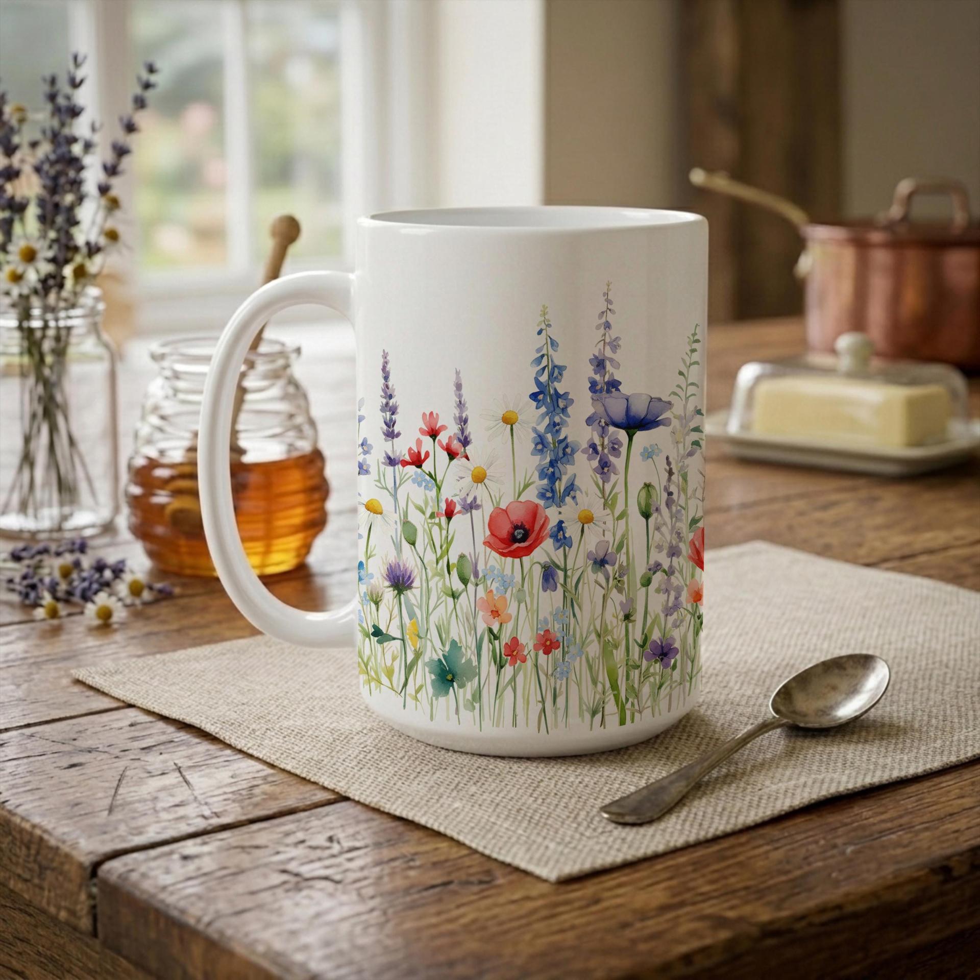 Set of Big Mugs, Floral Cup Set, Large 15 oz Matching Cups