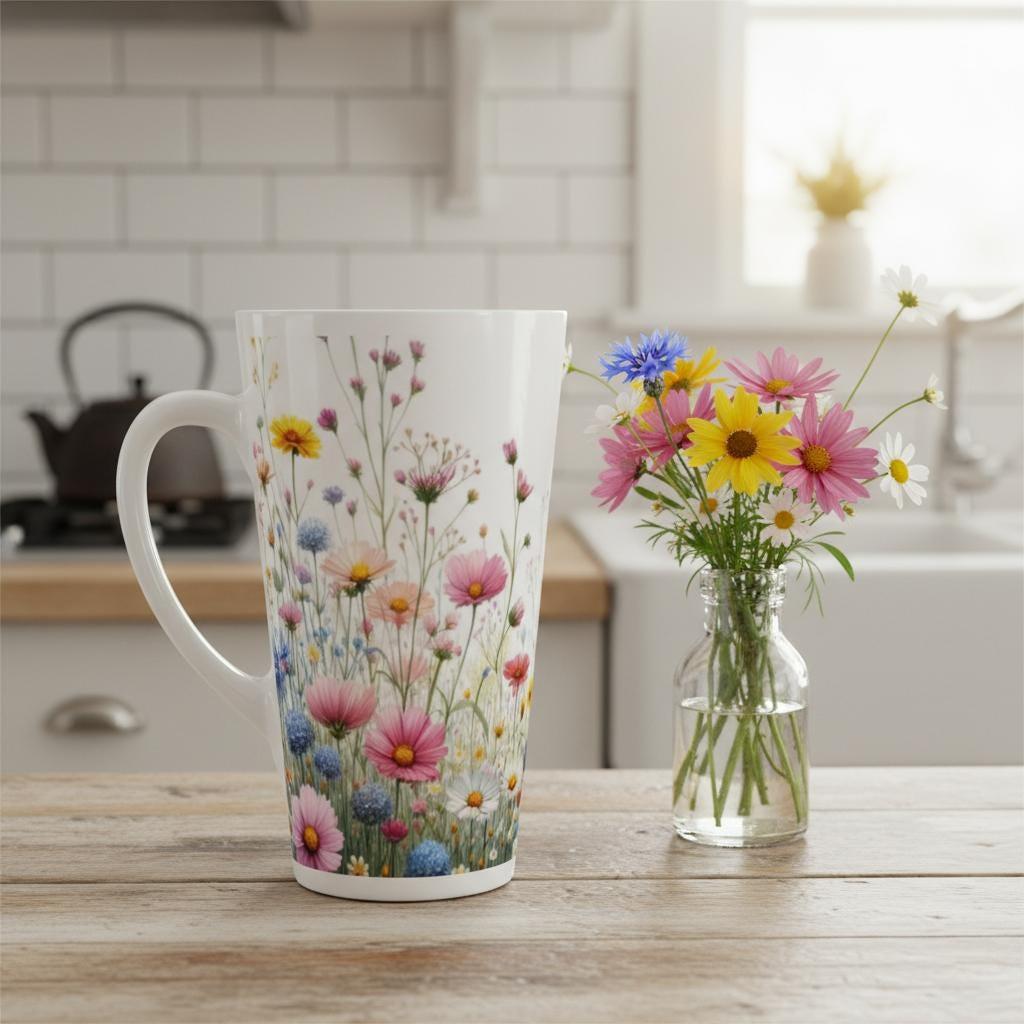 Set of 3 Cups, Floral, Large 17oz Latte Ceramic Mugs - Extra Tall Cup Set