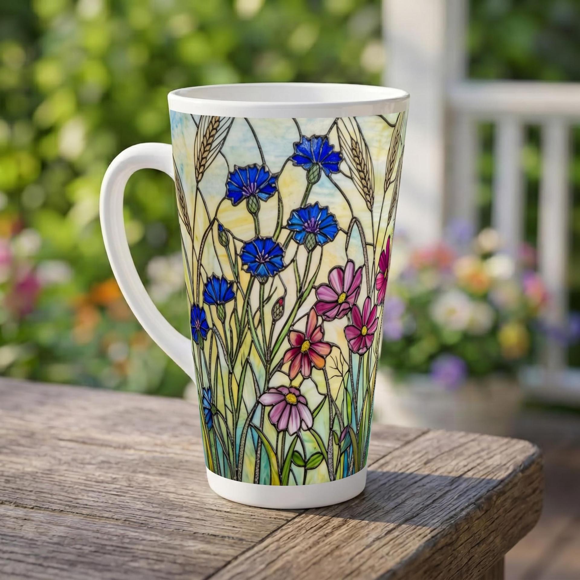 Set of 3 Cups, Floral, Large 17oz Latte Ceramic Mugs - Extra Tall Cup Set