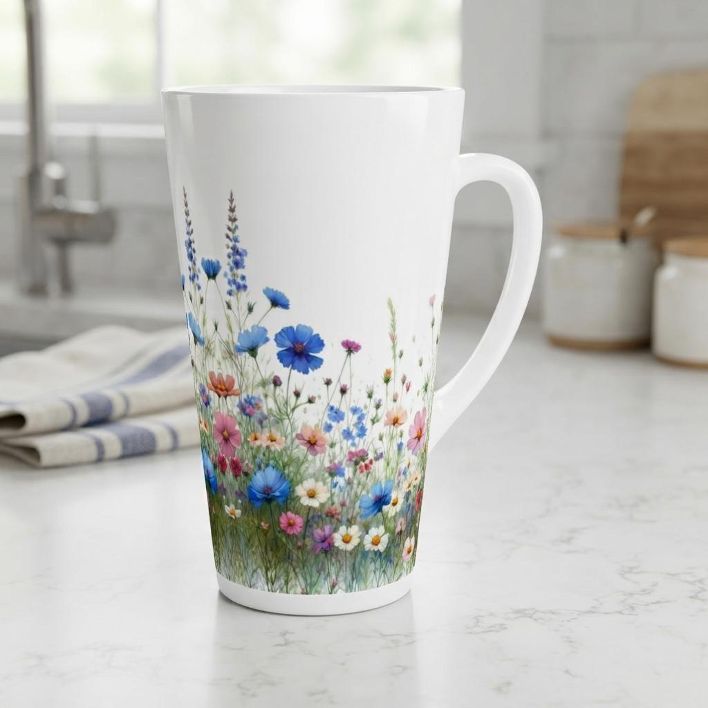 Set of 3 Cups, Floral, Large 17oz Latte Ceramic Mugs - Extra Tall Cup Set