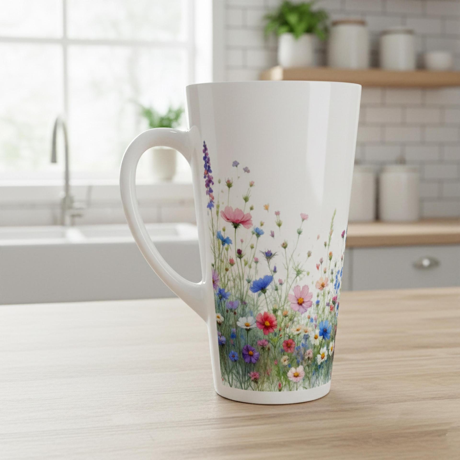Set of 3 Cups, Floral, Large 17oz Latte Ceramic Mugs - Extra Tall Cup Set
