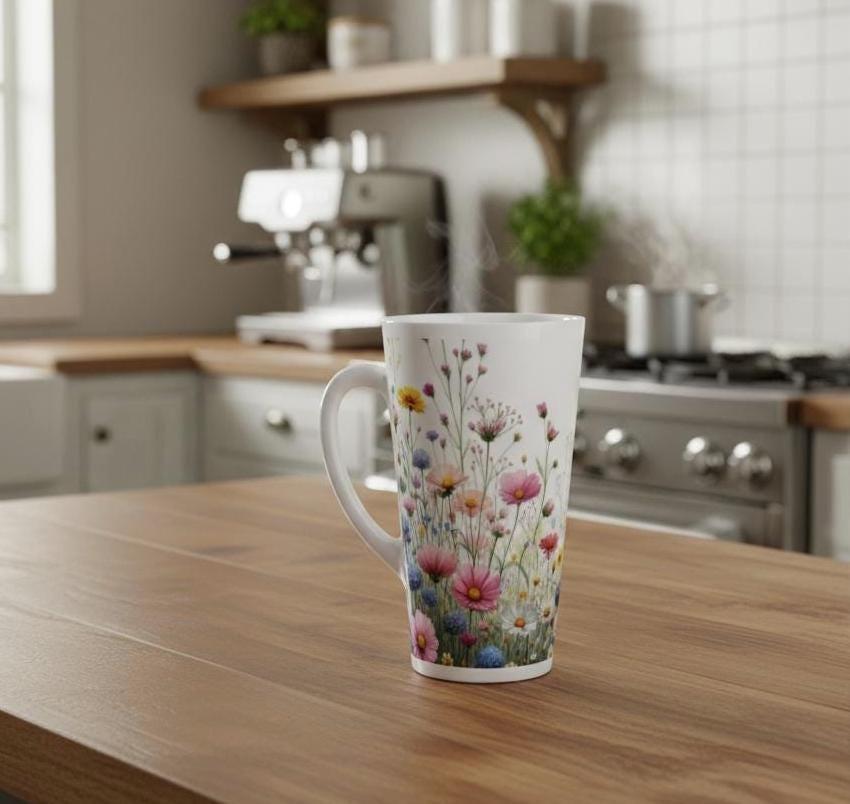 Set of 3 Cups, Floral, Large 17oz Latte Ceramic Mugs - Extra Tall Cup Set