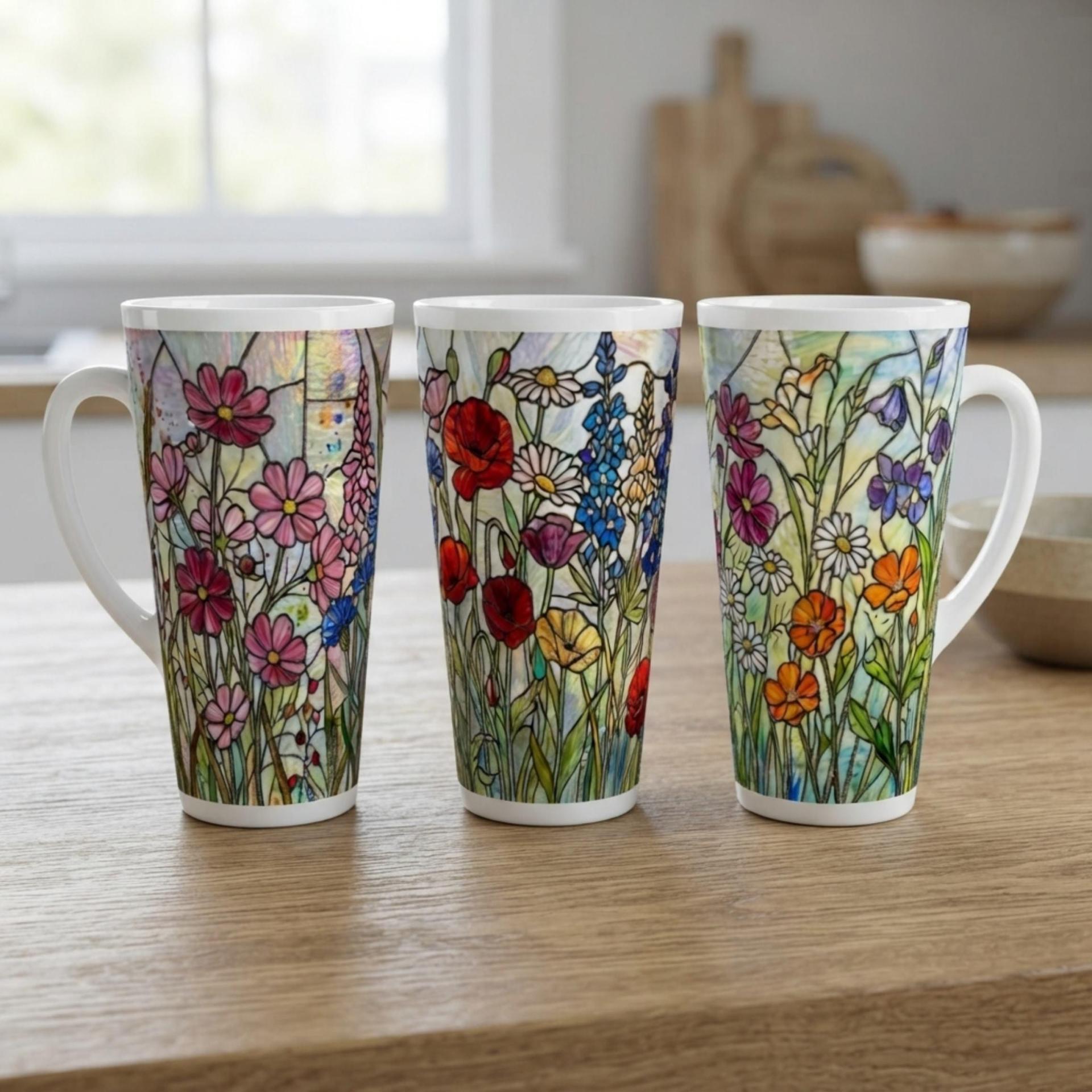 Set of 3 Cups, Floral, Large 17oz Latte Ceramic Mugs - Extra Tall Cup Set