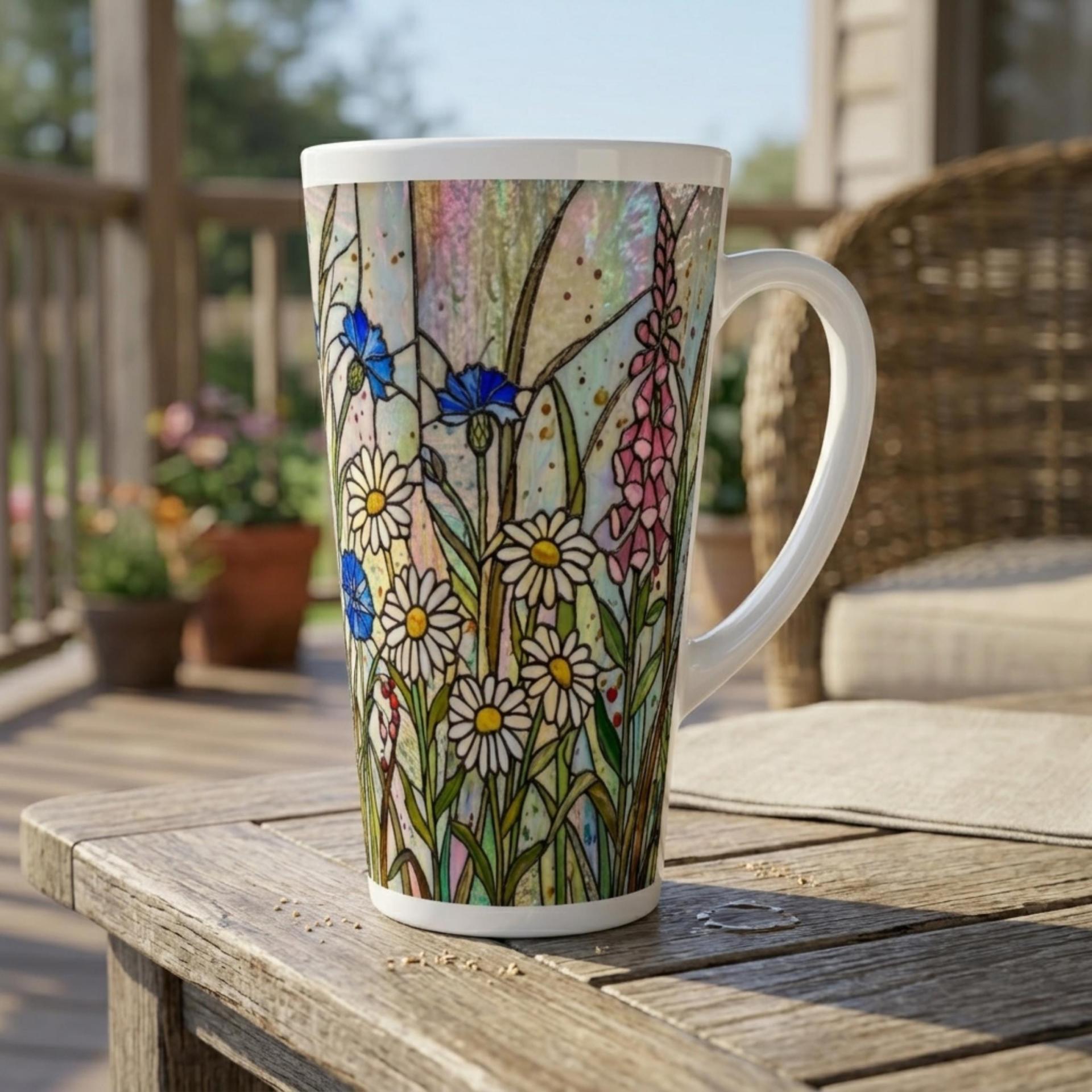 Set of 3 Cups, Floral, Large 17oz Latte Ceramic Mugs - Extra Tall Cup Set