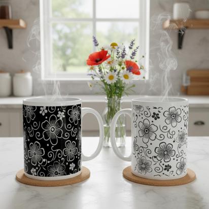Set of Floral Cups - Light and Dark - Large 15oz Ceramic Mugs