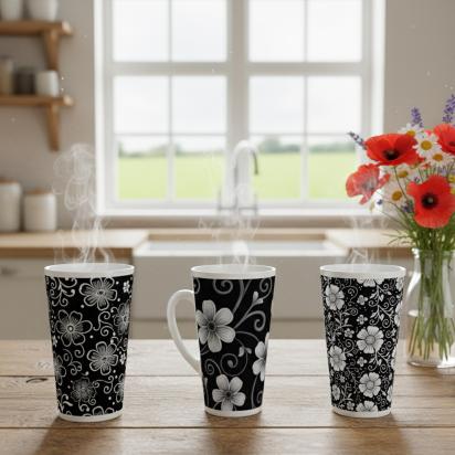 Set of 3 Cups, Floral, 17oz Latte Ceramic Mugs Set - Extra Tall Cup Set