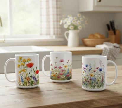 Set of Big Mugs, Floral Cup Set, 15 oz