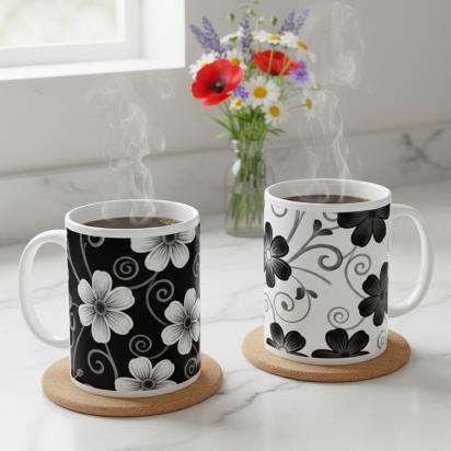Set of Floral Cups - Light and Dark - Large 15oz Ceramic Mugs