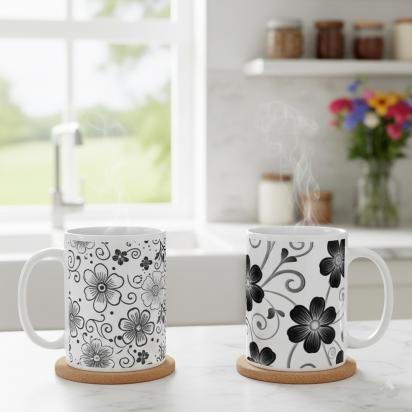 Set of 3 Big Mugs, Floral Cup Set, Large 15 oz