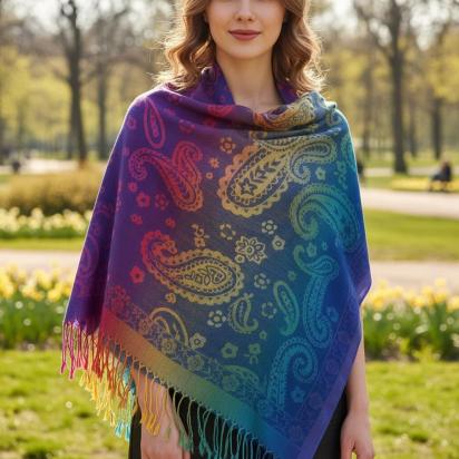 Rainbow Paisley Shawl, Woven Pashmina Wrap, Bohemian Scarf for Women