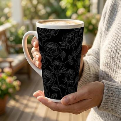 Black Roses, Latte 17oz Ceramic Mug - Coffee or Tea Cup, Extra Tall