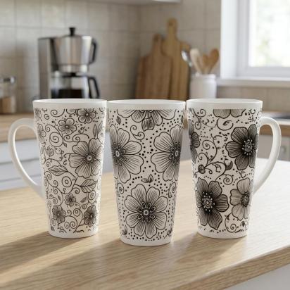 Set of 3 Cups, Floral, 17oz Latte Ceramic Mugs Set - Extra Tall Cup Set