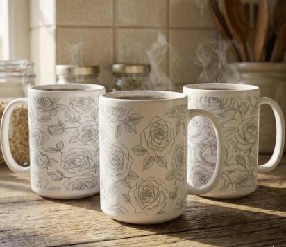 Set of Big Mugs, Floral Cup Set, Large 15 oz Matching Cups