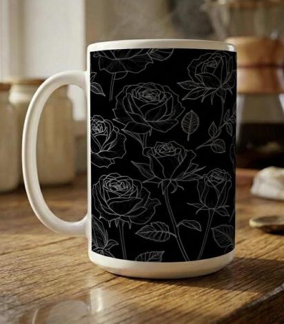 Roses, Dark Floral Large and Small Cups, 11oz and 15oz Ceramic Mug Set