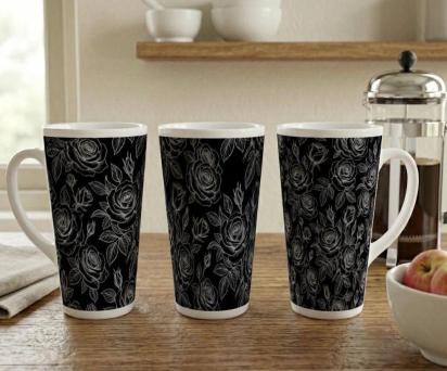 Set of 3 Cups, Floral, 17oz Latte Ceramic Mugs Set - Extra Tall Cup Set