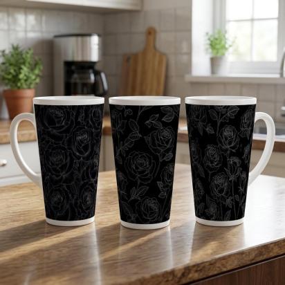 Set of 3 Cups, Floral, 17oz Latte Ceramic Mugs Set - Extra Tall Cup Set