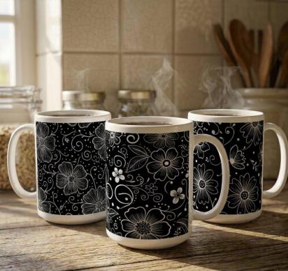 Set of Big Mugs, Floral Cup Set, Large 15 oz Matching Cups