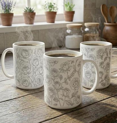 Set of Big Mugs, Floral Cup Set, Large 15 oz Matching Cups