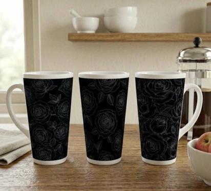 Set of 3 Cups, Floral, 17oz Latte Ceramic Mugs Set - Extra Tall Cup Set
