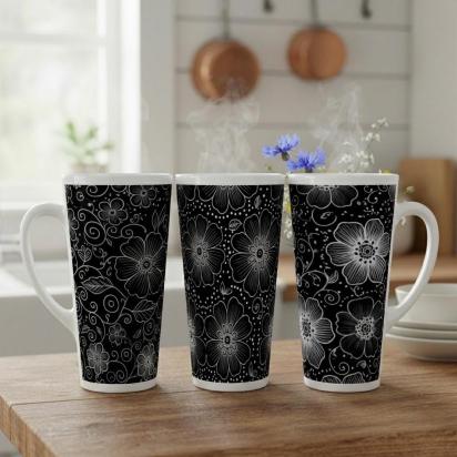 Set of 3 Cups, Floral, 17oz Latte Ceramic Mugs Set - Extra Tall Cup Set