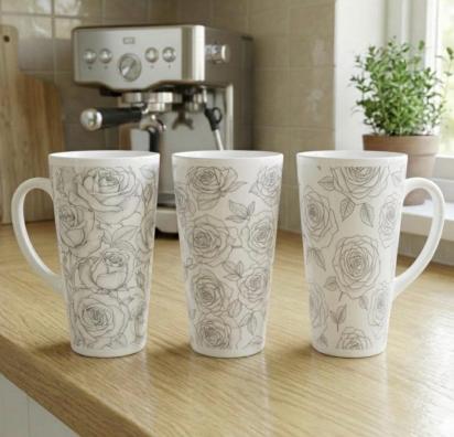 Set of 3 Cups, Floral, 17oz Latte Ceramic Mugs Set - Extra Tall Cup Set