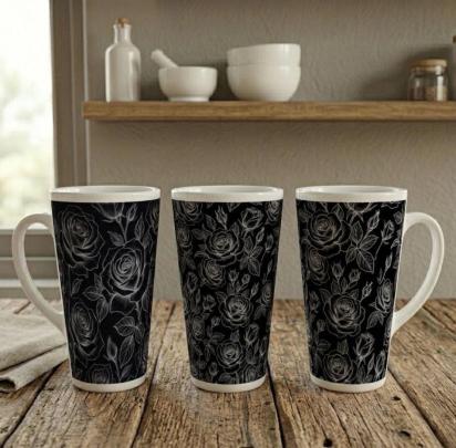Set of 3 Cups, Floral, 17oz Latte Ceramic Mugs Set - Extra Tall Cup Set