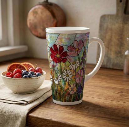Floral - Large Latte Mug - Coffee or Tea Cup, 17oz Ceramic, Extra Tall