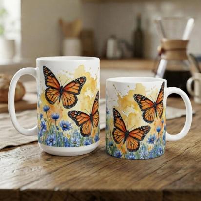 Butterfly Cups Set -  Large and Small Ceramic Mugs