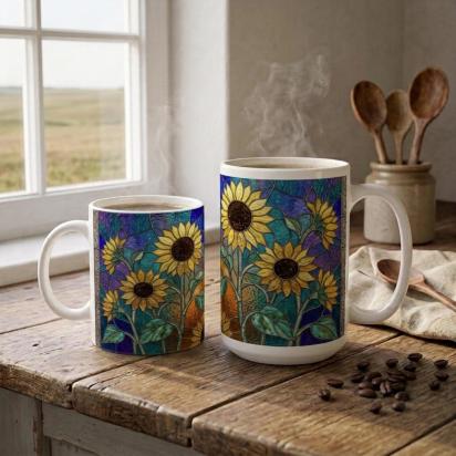 Sunflowers, Large and Small Cups, Floral Mug Set