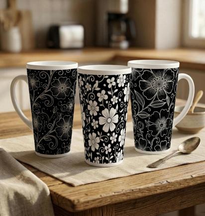 Set of 3 Cups, Floral, Large 17oz Latte Ceramic Mugs - Extra Tall Cup Set