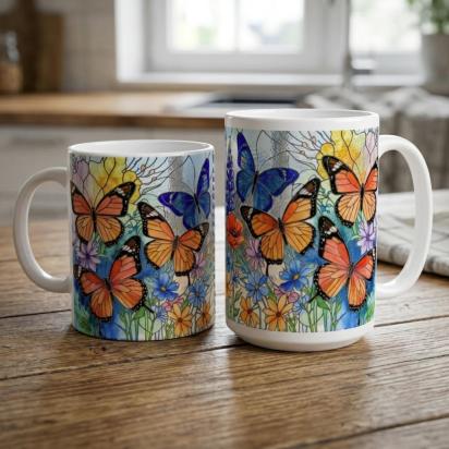 Butterfly Cups Set -  Large and Small Ceramic Mugs