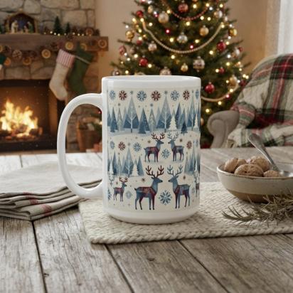 Christmas Mug, Reindeer, Large and Small Mug Set