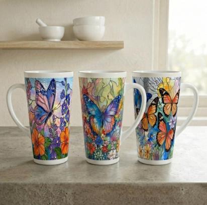 Set of 3 Cups, Butterfly, 17oz Latte Ceramic Mugs Set - Extra Tall Cup Set