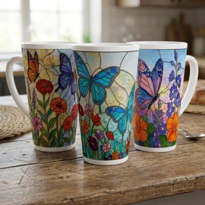 Set of 3 Cups, Butterfly, 17oz Latte Ceramic Mugs Set - Extra Tall Cup Set