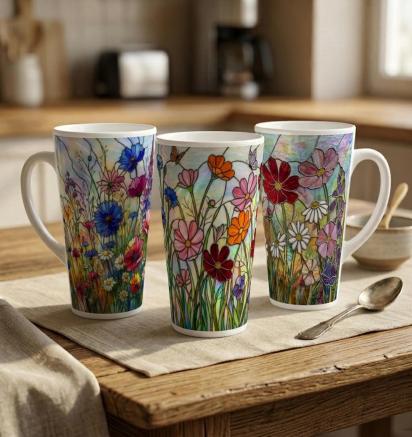 Set of 3 Cups, Floral, Large 17oz Latte Ceramic Mugs - Extra Tall Cup Set
