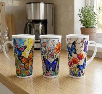 Set of 3 Cups, Butterfly, 17oz Latte Ceramic Mugs Set - Extra Tall Cup Set