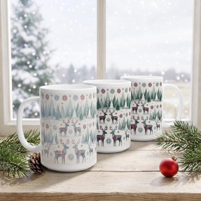 Set of Big Mugs, Christmas Mugs, Reindeer, Large 15 oz Matching Cups